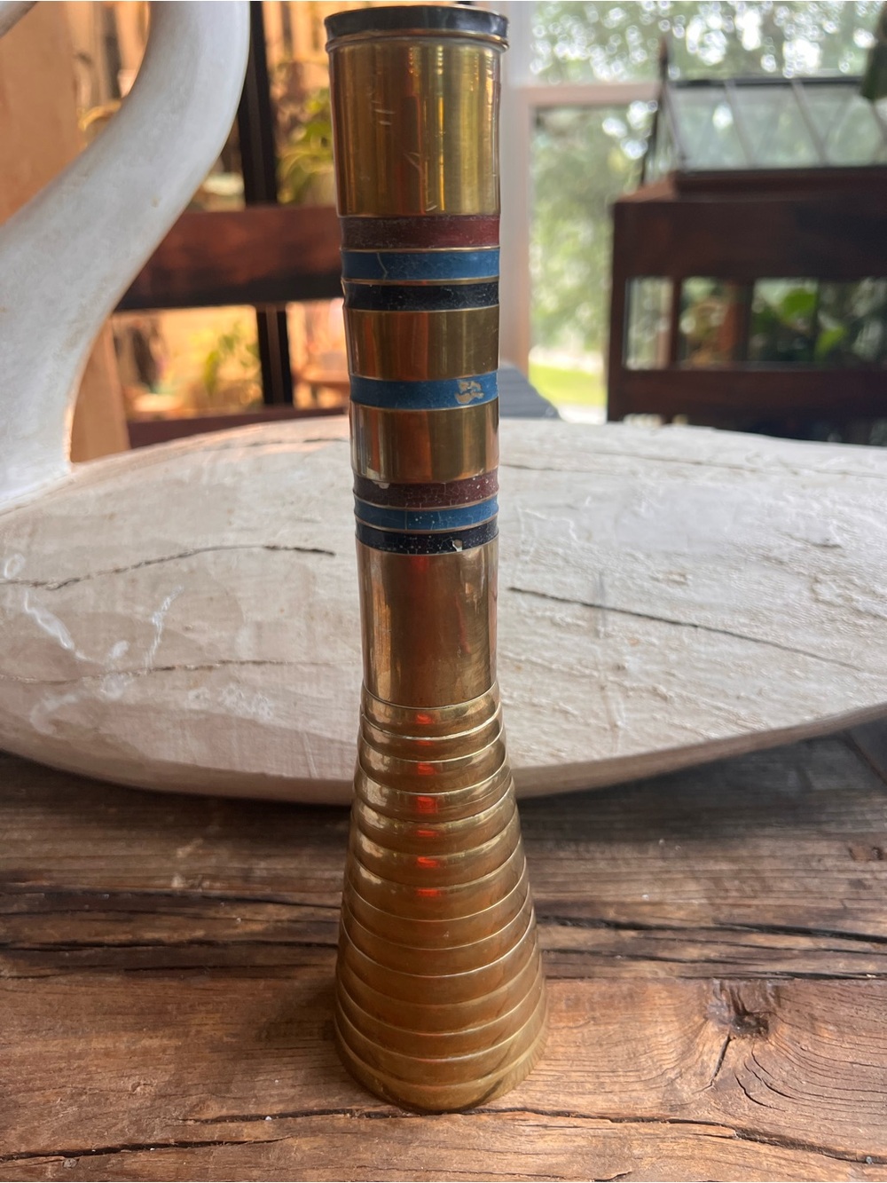 Colique Brass Accent Vase with Blue and Brown Bands - Home Accents